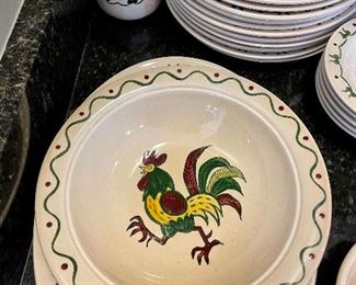 Lot 8292. $212.00. Metlox Poppytrails Vernon California Provincial Pattern, 11 dinner plates, 8 desserts plates, 13 saucers, 12 cups, 5 fruit bowls (1 has a chip), 1 salt and pepper set, 1 serving platter, 1 serving bowl, a cream and sugar set, coffee pot, handled pourer. One of the cutest patterns Metlox has designed, We love the Coffee Pot, Creamer and Sugar in the coordinating Homestead Provincial pattern!