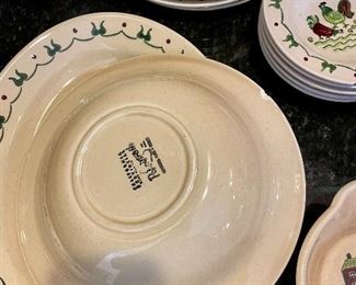 Lot 8292. $212.00. Metlox Poppytrails Vernon California Provincial Pattern, 11 dinner plates, 8 desserts plates, 13 saucers, 12 cups, 5 fruit bowls (1 has a chip), 1 salt and pepper set, 1 serving platter, 1 serving bowl, a cream and sugar set, coffee pot, handled pourer. One of the cutest patterns Metlox has designed, We love the Coffee Pot, Creamer and Sugar in the coordinating Homestead Provincial pattern!