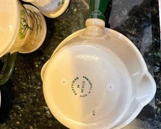 Lot 8292. $212.00. Metlox Poppytrails Vernon California Provincial Pattern, 11 dinner plates, 8 desserts plates, 13 saucers, 12 cups, 5 fruit bowls (1 has a chip), 1 salt and pepper set, 1 serving platter, 1 serving bowl, a cream and sugar set, coffee pot, handled pourer. One of the cutest patterns Metlox has designed, We love the Coffee Pot, Creamer and Sugar in the coordinating Homestead Provincial pattern!