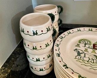Lot 8292. $212.00. Metlox Poppytrails Vernon California Provincial Pattern, 11 dinner plates, 8 desserts plates, 13 saucers, 12 cups, 5 fruit bowls (1 has a chip), 1 salt and pepper set, 1 serving platter, 1 serving bowl, a cream and sugar set, coffee pot, handled pourer. One of the cutest patterns Metlox has designed, We love the Coffee Pot, Creamer and Sugar in the coordinating Homestead Provincial pattern!