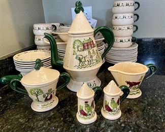 Lot 8292. $212.00. Metlox Poppytrails Vernon California Provincial Pattern, 11 dinner plates, 8 desserts plates, 13 saucers, 12 cups, 5 fruit bowls (1 has a chip), 1 salt and pepper set, 1 serving platter, 1 serving bowl, a cream and sugar set, coffee pot, handled pourer. One of the cutest patterns Metlox has designed, We love the Coffee Pot, Creamer and Sugar in the coordinating Homestead Provincial pattern!