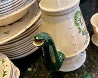 Lot 8292. $212.00. Metlox Poppytrails Vernon California Provincial Pattern, 11 dinner plates, 8 desserts plates, 13 saucers, 12 cups, 5 fruit bowls (1 has a chip), 1 salt and pepper set, 1 serving platter, 1 serving bowl, a cream and sugar set, coffee pot, handled pourer. One of the cutest patterns Metlox has designed, We love the Coffee Pot, Creamer and Sugar in the coordinating Homestead Provincial pattern!