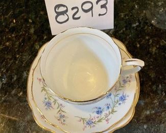 Lot 8293. $65.00 Ducchess bone china "Tranquility" Pattern, partial luncheon/tea set. 5 cups, 6 saucer, 6 square plates, 1 serving plate and a creamer. 19pc.