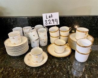 Lot 8294. $85.00 2 pretty Haviland Limoges espresso sets, all made in France. The first set by CH Field Haviland 12 cups and saucers with gold leafy flowers on white background, the second set by Theodore Havilan includes 8 cups and 9 saucers in the "Breton"pattern = cream with gold rim trim. Perfect if you host coffees for a club, or Bridge Party or for entertaining. There is something very tactile and appealing about Limoges china - the feel is like nothing else.