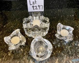 Lot 8297. $24.00. 4 candle holders, 2 nachtmann crystal votives, one unmarked glass votive, ring of hearts candle holder or plate.