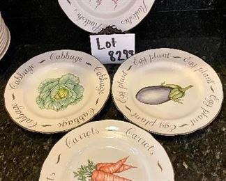Lot 8299. $24.00 Set of 4 Franciscan (replicas of original Johnson Bros patterns), 10" plates. 1995 . cabbage, carrot, eggplant, radish plates. Adorable and would look terrific on the plate rack in the next lot!!