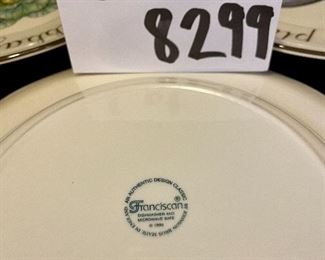 Lot 8299. $24.00 Set of 4 Franciscan (replicas of original Johnson Bros patterns), 10" plates. 1995 . cabbage, carrot, eggplant, radish plates. Adorable and would look terrific on the plate rack in the next lot!!