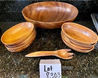 Lot 8303. $30.00. Vintage Monkeypod wood salad set, includes a large oval salad serving bowl and 8 individual salad bowls and a single wood serving fork. A Blast from the Past!