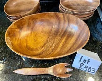 Lot 8303. $30.00. Vintage Monkeypod wood salad set, includes a large oval salad serving bowl and 8 individual salad bowls and a single wood serving fork. A Blast from the Past!