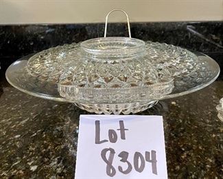 Lot 8304. $26.00 Lot of vintage glass serving pieces: 3- 9" plates with a bubble look; 2 small pedestal bowls; a large serving bowl (8.5" x 3"T); and a large 15" glass platter.