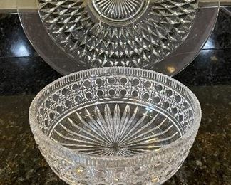 Lot 8304. $26.00 Lot of vintage glass serving pieces: 3- 9" plates with a bubble look; 2 small pedestal bowls; a large serving bowl (8.5" x 3"T); and a large 15" glass platter.