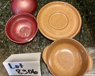 Lot 8306. $28.00. 7 unbranded, stoneware pottery soup bowls and saucers (minor chips on edges ), 10 - white ceramic, corn on the cob plates and an onion keeper by Huttler.