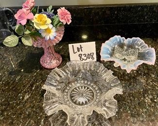 Lot 8308. $50.00. 4 pc lot of vintage art glass 1) clear, footed bowl with ruffled edge, 9" diam., 2) pearl white vaseline glass edge bordered in pink 7" diam;, and 3) pink murano style footed, ruffled art glass vase, possible Fenton, with 4). glass flowers 9" T.possible Fenton, with glass flowers 9" T.