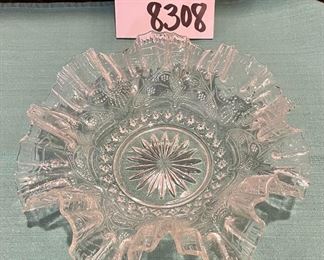 Lot 8308. $50.00. 4 pc lot of vintage art glass 1) clear, footed bowl with ruffled edge, 9" diam., 2) pearl white vaseline glass edge bordered in pink 7" diam;, and 3) pink murano style footed, ruffled art glass vase, possible Fenton, with 4). glass flowers 9" T.
