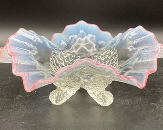 Lot 8308. $50.00. 4 pc lot of vintage art glass 1) clear, footed bowl with ruffled edge, 9" diam., 2) pearl white vaseline glass edge bordered in pink 7" diam;, and 3) pink murano style footed, ruffled art glass vase, possible Fenton, with 4). glass flowers 9" T.