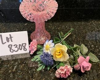 Lot 8308. $50.00. 4 pc lot of vintage art glass 1) clear, footed bowl with ruffled edge, 9" diam., 2) pearl white vaseline glass edge bordered in pink 7" diam;, and 3) pink murano style footed, ruffled art glass vase, possible Fenton, with glass flowers 9" T.