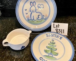 Lot 8311. $26.00. Group of 3 nice Hadley Pottery pieces. 11" Hadley Bunny plate, 9" Santa's cookie plate by Hadley and a Waechterseach Western Germany sauce pitcher.