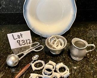 Lot 8312. $28.00 Mikasa 'Country Club' 10" vegetable bowl, 2 melon ballers, 12 napking rings with blue rosettes and a pewter cream and sugar set.