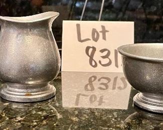 Lot 8312. $28.00 Mikasa 'Country Club' 10" vegetable bowl, 2 melon ballers, 12 napking rings with blue rosettes and a pewter cream and sugar set.