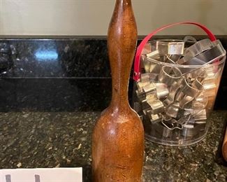 Lot 8313. $25.00 Calling all cookie monsters! Cookie press rolling pin, a large standard hard wood rolling pin and a bucket of cookie cutters. Let the fun begin!