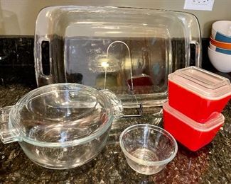 Lot 8317. $30.00. This 5 Pc. Lot includes: 2 small red vintage 4" Pyrex refrigerator dishes with lids; a 9"x13" Pyrex baking dish with handles; a : cover Pyrex bowl and a small prep bowl.