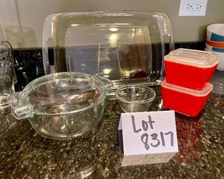 Lot 8317. $30.00. This 5 Pc. Lot includes: 2 small red vintage 4" Pyrex refrigerator dishes with lids; a 9"x13" Pyrex baking dish with handles; a : cover Pyrex bowl and a small prep bowl.