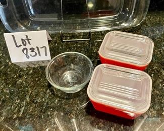 Lot 8317. $30.00. This 5 Pc. Lot includes: 2 small red vintage 4" Pyrex refrigerator dishes with lids; a 9"x13" Pyrex baking dish with handles; a : cover Pyrex bowl and a small prep bowl.