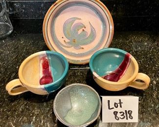 Lot 8318. $24.00 Two studio pottery handled soup mugs; a studio pettery 10" pie plate and a 5' cute teal blue bowl.