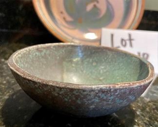 Lot 8318. $24.00 Two studio pottery handled soup mugs; a studio pettery 10" pie plate and a 5' cute teal blue bowl.