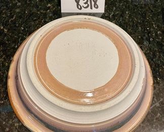 Lot 8318. $24.00 Two studio pottery handled soup mugs; a studio pettery 10" pie plate and a 5' cute teal blue bowl.