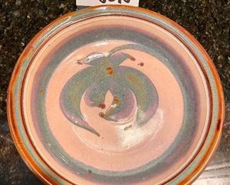 Lot 8318. $24.00 Two studio pottery handled soup mugs; a studio pettery 10" pie plate and a 5' cute teal blue bowl.
