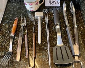 Lot 8320. $28.00 HAPPY FATHER'S DAY !! Weber tongs and spatula; 5 kebob skewers; a small tenderizing mallet; Easy Grip tong/fork; a vintage Kane Kut meat fork; and a vintage "Father" mug. Just what. you need for an almost perfect gift.