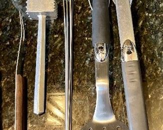 Lot 8320. $28.00 HAPPY FATHER'S DAY !! Weber tongs and spatula; 5 kebob skewers; a small tenderizing mallet; Easy Grip tong/fork; a vintage Kane Kut meat fork; and a vintage "Father" mug. Just what. you need for an almost perfect gift.