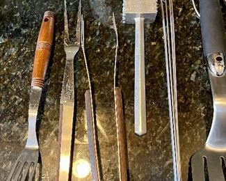 Lot 8320. $28.00 HAPPY FATHER'S DAY !! Weber tongs and spatula; 5 kebob skewers; a small tenderizing mallet; Easy Grip tong/fork; a vintage Kane Kut meat fork; and a vintage "Father" mug. Just what. you need for an almost perfect gift.