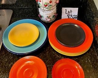 Lot 8322. $28.00 Cute, antique 7 pc spice rack - signed 'Japan' 9" x 5" W; Fiestaware-like dishware (7 dinner plates, assorted and 7 small plates, assorted) some may be unmarked Fiestaware. Add on a small glass saucer.