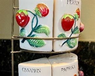 Lot 8322. $28.00 Cute, antique 7 pc spice rack - signed 'Japan' 9" x 5" W; Fiestaware-like dishware (7 dinner plates, assorted and 7 small plates, assorted) some may be unmarked Fiestaware. Add on a small glass saucer.