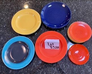 Lot 8322. $28.00 Cute, antique 7 pc spice rack - signed 'Japan' 9" x 5" W; Fiestaware-like dishware (7 dinner plates, assorted and 7 small plates, assorted) some may be unmarked Fiestaware. Add on a small glass saucer.