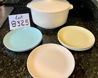 Lot 8325. $20.00. Vintage speckled Monterey Pottery covered casserole (small hairling crack on lid) and 6 small specked plates in various colors. Cute vintage!!!