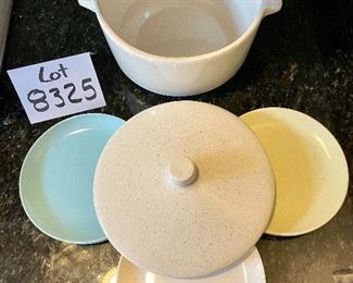 Lot 8325. $20.00. Vintage speckled Monterey Pottery covered casserole (small hairling crack on lid) and 6 small specked plates in various colors. Cute vintage!!!