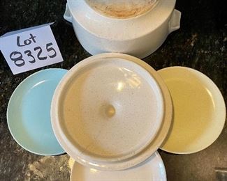 Lot 8325. $20.00. Vintage speckled Monterey Pottery covered casserole (small hairling crack on lid) and 6 small specked plates in various colors. Cute vintage!!!