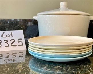 Lot 8325. $20.00. Vintage speckled Monterey Pottery covered casserole (small hairling crack on lid) and 6 small specked plates in various colors. Cute vintage!!!