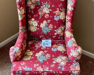 Lot 8327. $95.00 Vintage wing back chair, lovely floral print red base 27" W x 31" D x 41" T