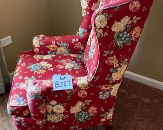 Lot 8327. $95.00 Vintage wing back chair, lovely floral print red base 27" W x 31" D x 41" T