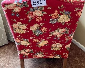 Lot 8327. $95.00 Vintage wing back chair, lovely floral print red base 27" W x 31" D x 41" T