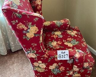 Lot 8327. $95.00 Vintage wing back chair, lovely floral print red base 27" W x 31" D x 41" T