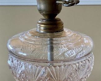Lot 8332. $65.00 Vintage Electrified oil lamp with bulb. Cabin scene on base. 25" T x 5" diam.