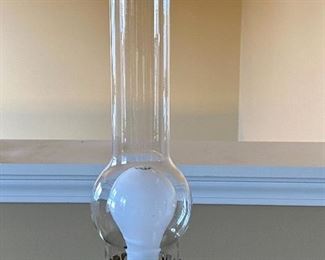 Lot 8332. $65.00 Vintage Electrified oil lamp with bulb. Cabin scene on base. 25" T x 5" diam.