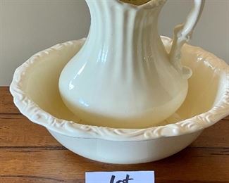 Lot 8333. 30.00. Vintage White Water Pitcher (9"W x 11" T) and Bowl (15.5"diam. x 4.5" T). Glazed ceramic.