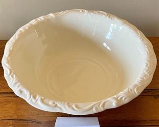 Lot 8333. 30.00. Vintage White Water Pitcher (9"W x 11" T) and Bowl (15.5"diam. x 4.5" T). Glazed ceramic.