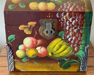 Lot 8335. $40.00 Painted Wood Box with Colorful Fruit on 3 Sides and Lid. . 16.5" W x 13.5" D x 16" T. Storage for Blankets, Knitting or Art Supplies. Or virtually anything else!
